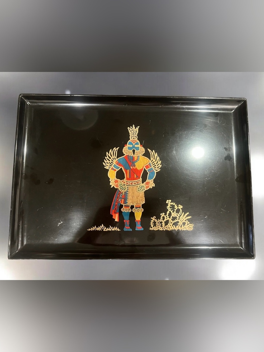 Mid-century Couroc of Monterey black serving tray with inlaid Kachina dancer mot